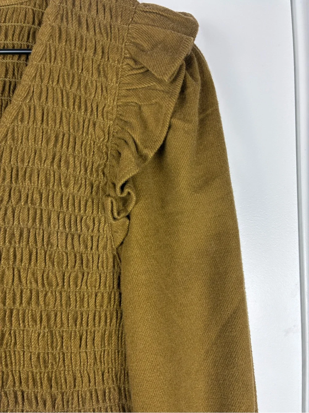 Madewell Flannel Lucie Smocked V-Neck Long Sleeve Mini Dress in Olive Medium